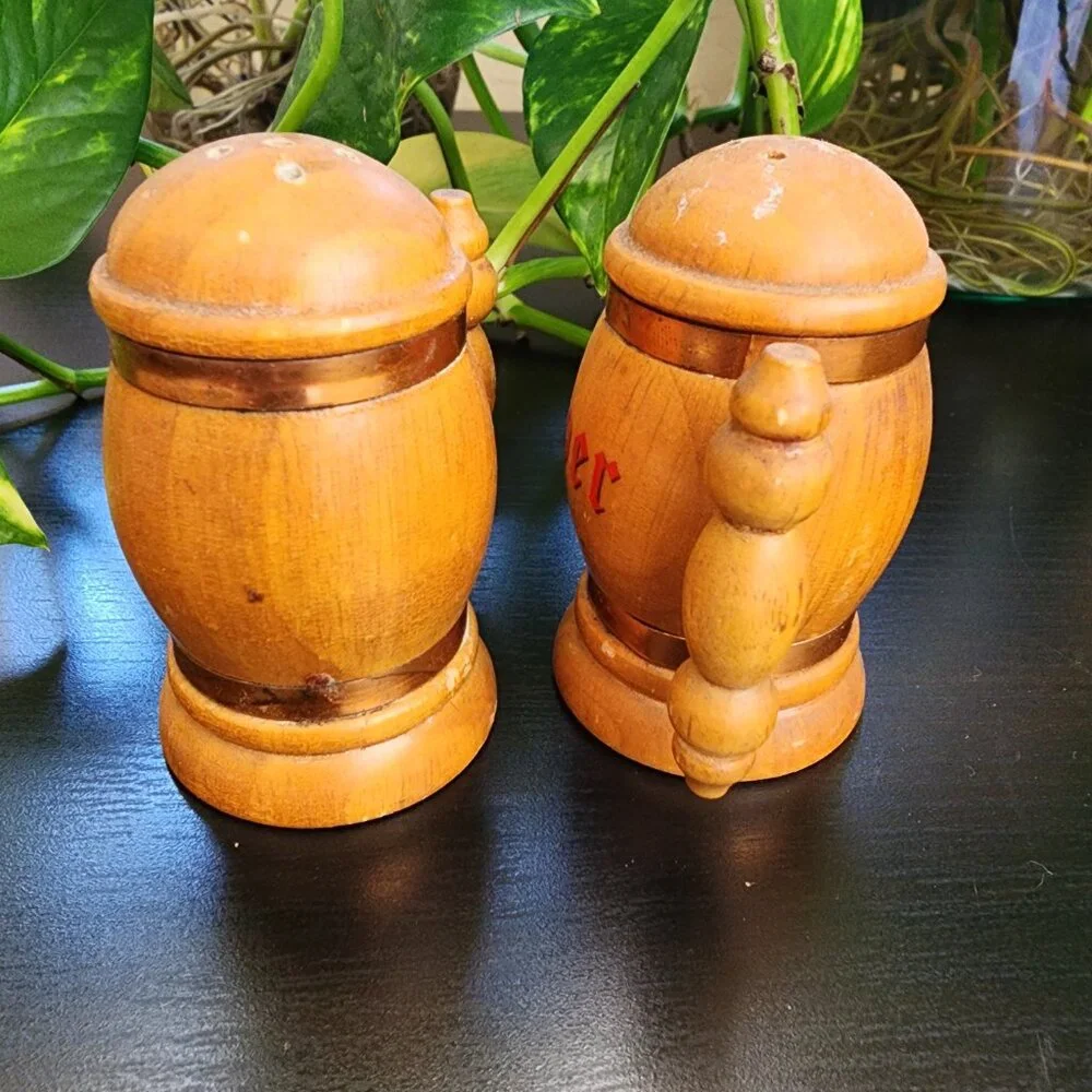 Vintage Beer Stein Mug Handled Copper Accent MCM Wood Salt and Pepper Shakers